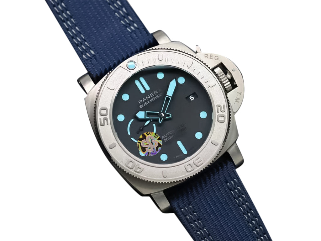 Luminor Submersible 47 'Mike Horn Edition' Titanium Case Featuring a Titanium Bezel Graduated with Raised Numerals, Black Dial and Blue Strap (47mm)
