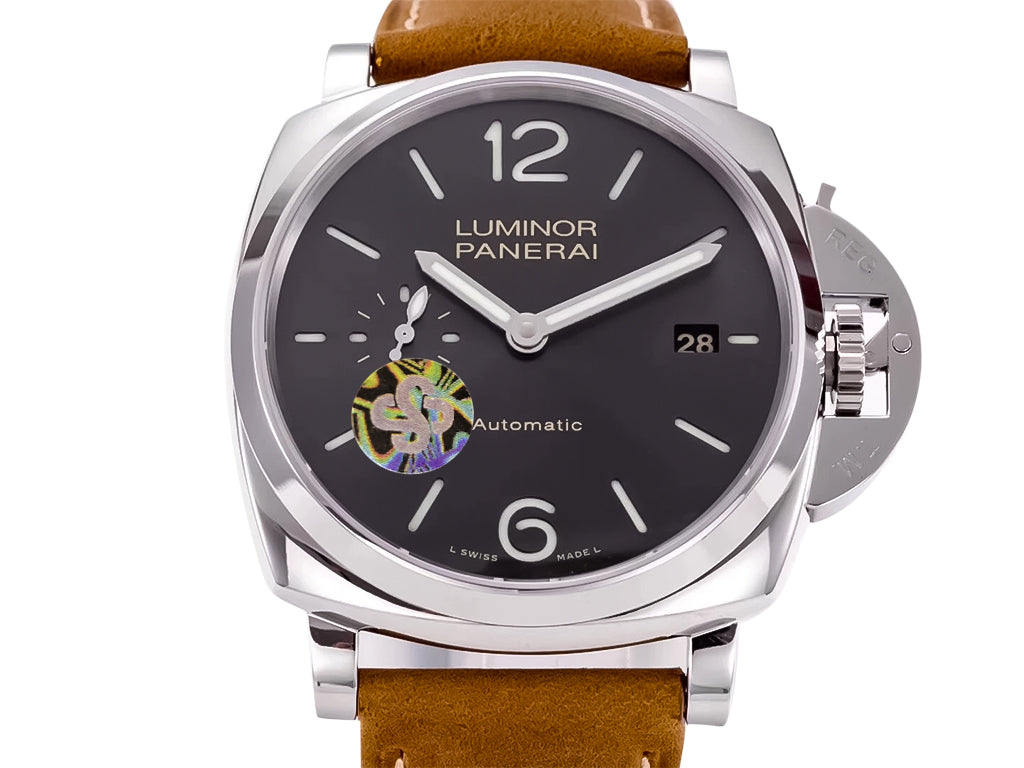 Luminor Due 42 3 Days 'Date' Stainless Steel Case with Grey Sunburst Dial and Brown Strap (38mm)