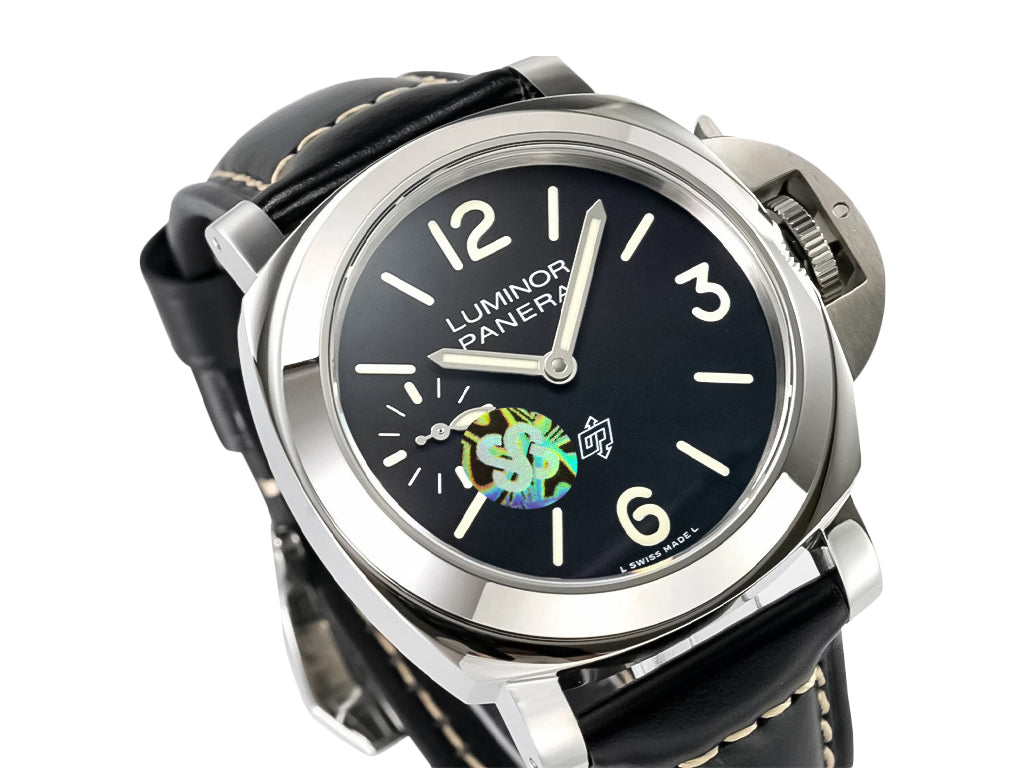 Luminor 44 Logo 3 Days Polished Stainless Steel Case with Black Dial and Black Strap (44mm)