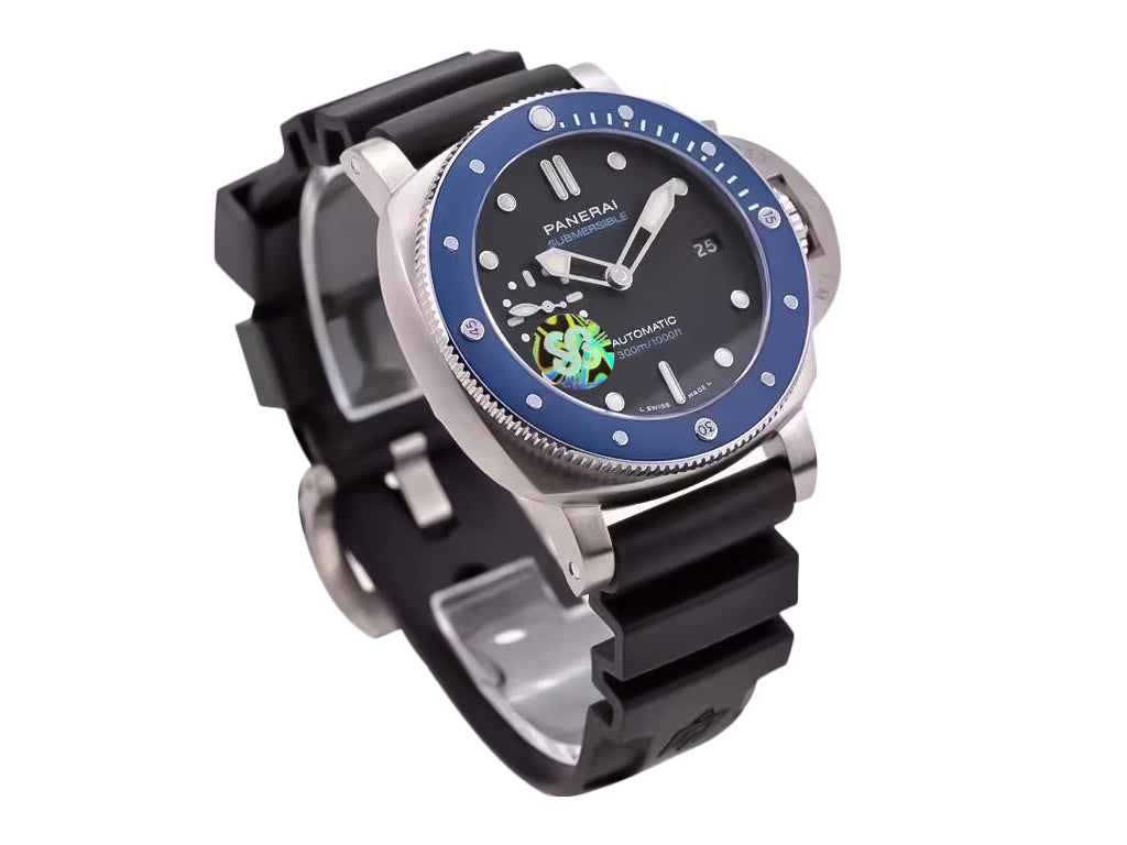 Luminor Submersible 42 3 Days Automatic 'Azzurro' Stainless Steel Case with Blue Ceramic Bezel insert, Black Dial and Black Strap (42mm)