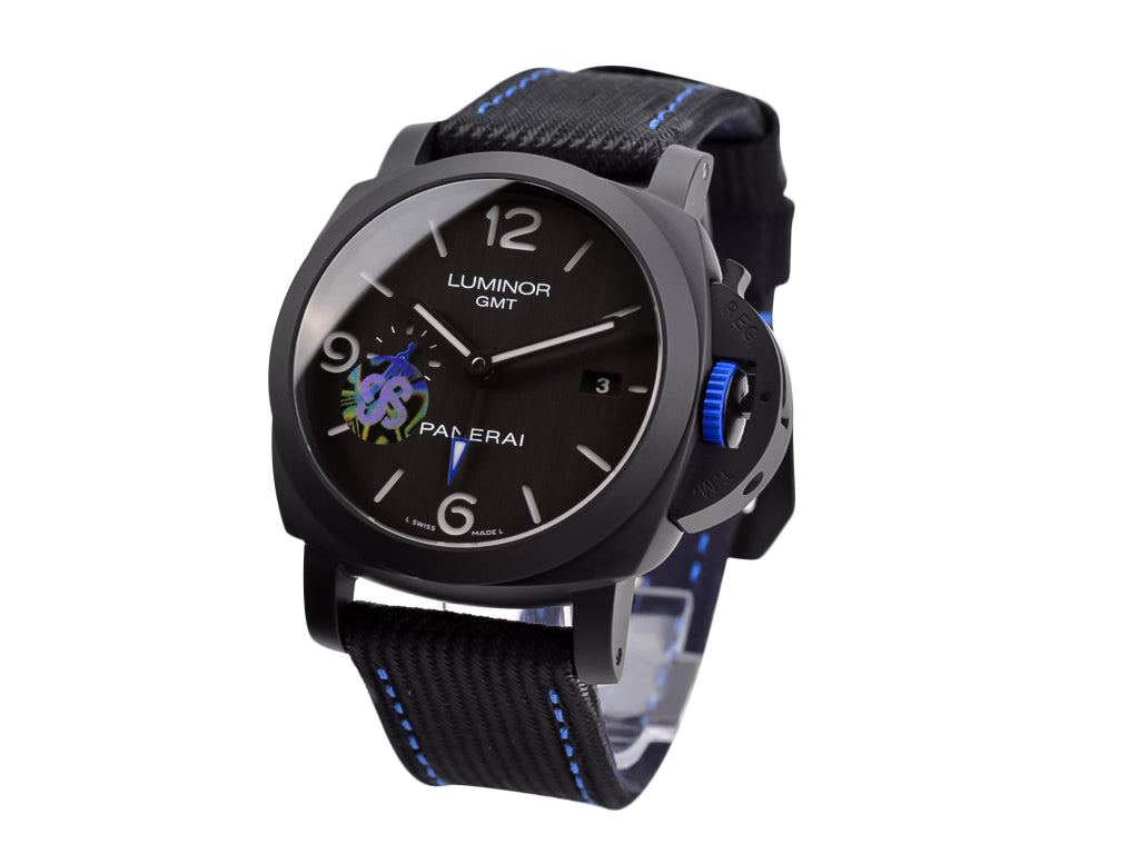 Luminor 1950 44 GMT Automatic 'Bucherer Blue Label Edition' DLC Coated Ceramic Case with Black Dial and Blue Accented Hands and Crown (44mm)