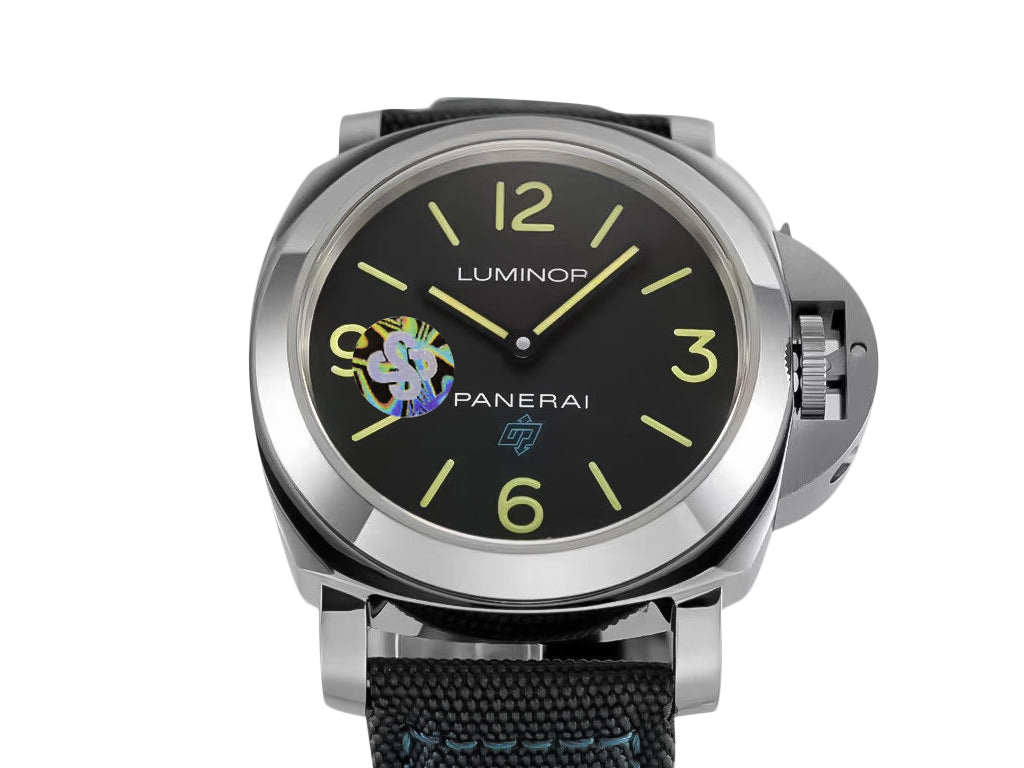 Luminor Base 44 Logo 3 Days Acciaio 'Blue OP' Stainless Steel Bettarini-style Case with Black Dial and Dark Grey Strap with Blue Stitching (44mm)