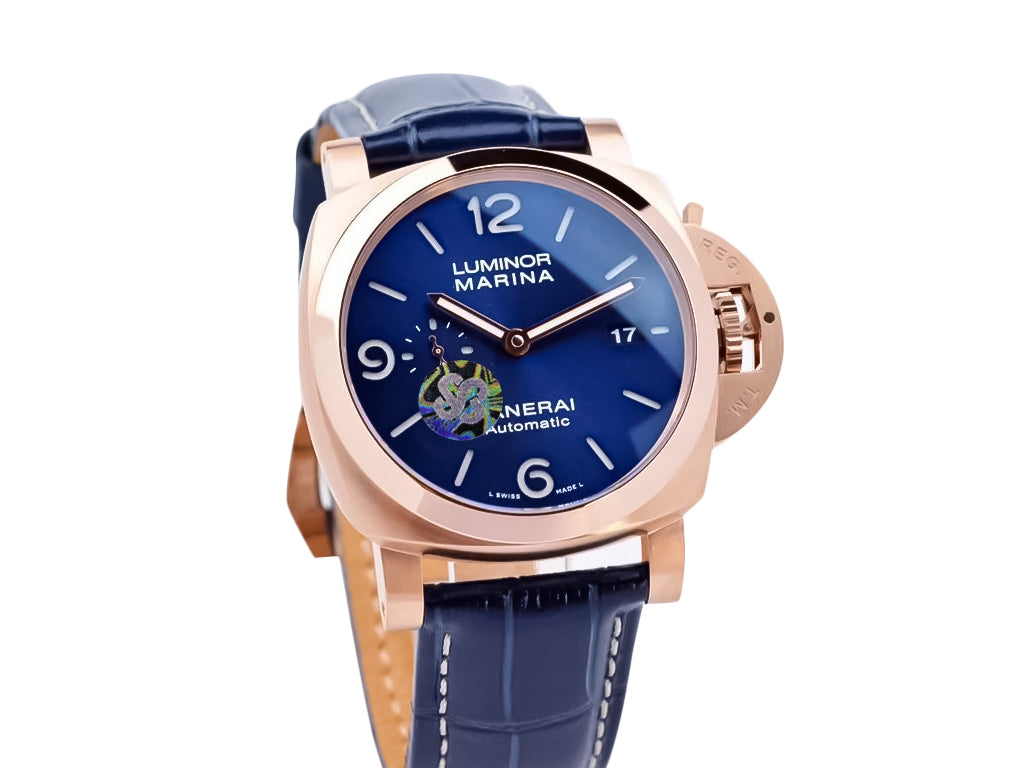 Luminor 1950 44 3 Days Automatic Goldtech Cushion Case with 'Sole Blu' Sunburst Dial and Blue Strap (44mm)