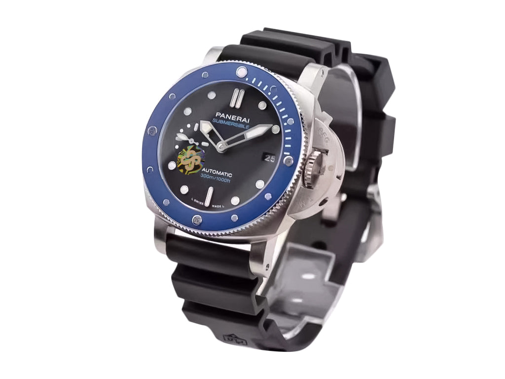 Luminor Submersible 42 3 Days Automatic 'Azzurro' Stainless Steel Case with Blue Ceramic Bezel insert, Black Dial and Black Strap (42mm)