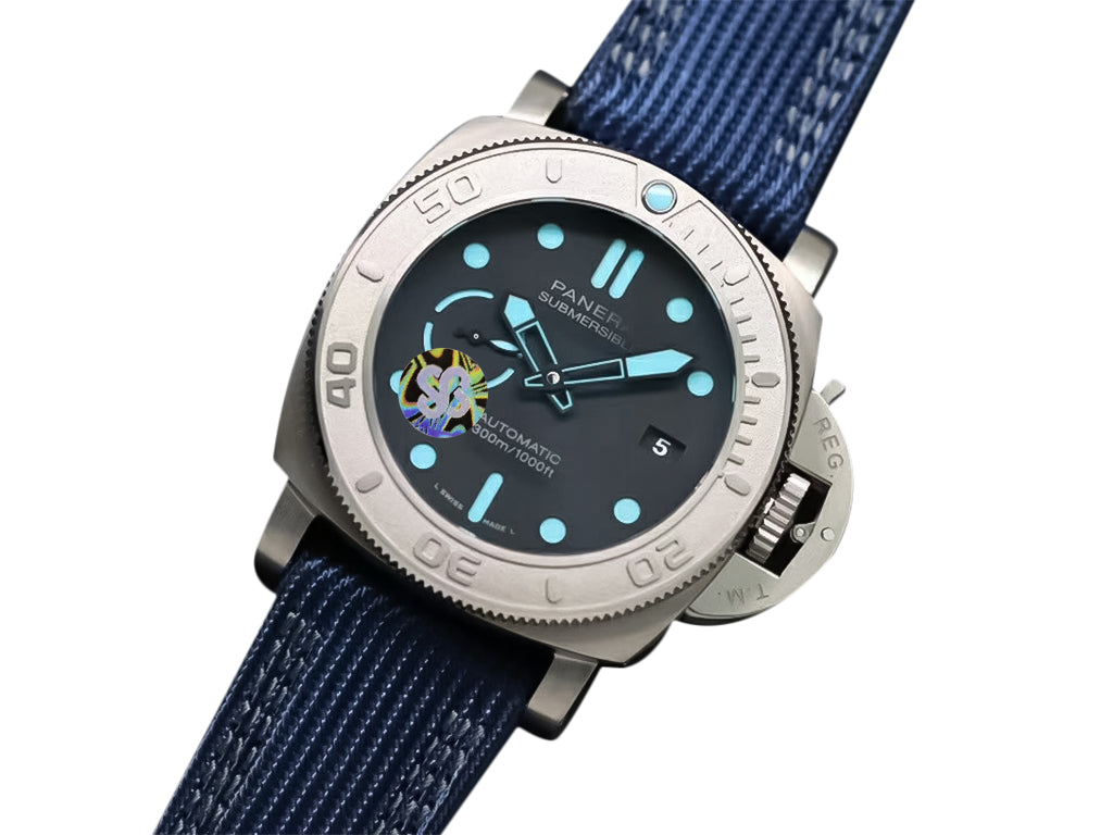 Luminor Submersible 47 'Mike Horn Edition' Titanium Case Featuring a Titanium Bezel Graduated with Raised Numerals, Black Dial and Blue Strap (47mm)