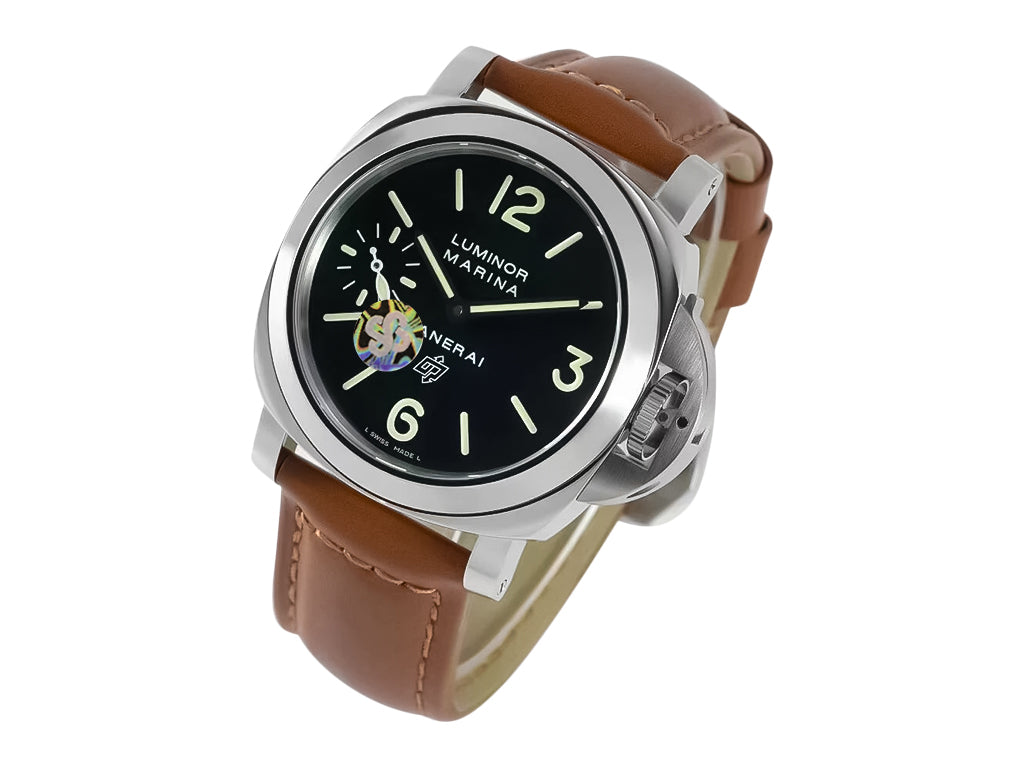 Luminor Marina Logo Stainless Steel with Black Dial and Brown Strap (44mm)