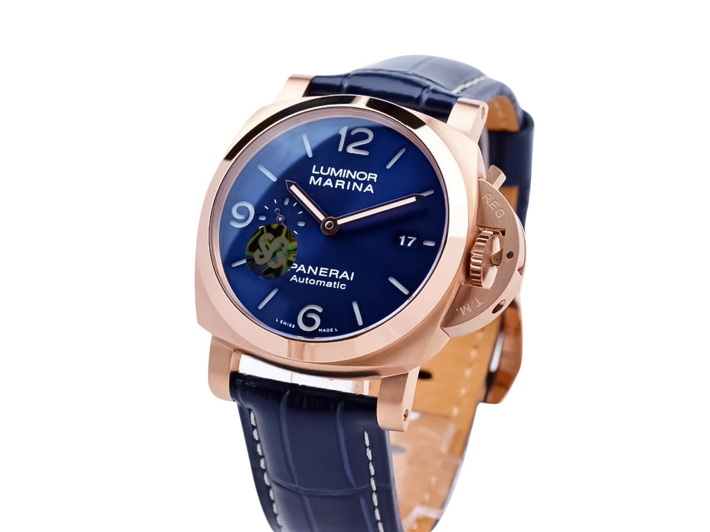 Luminor 1950 44 3 Days Automatic Goldtech Cushion Case with 'Sole Blu' Sunburst Dial and Blue Strap (44mm)