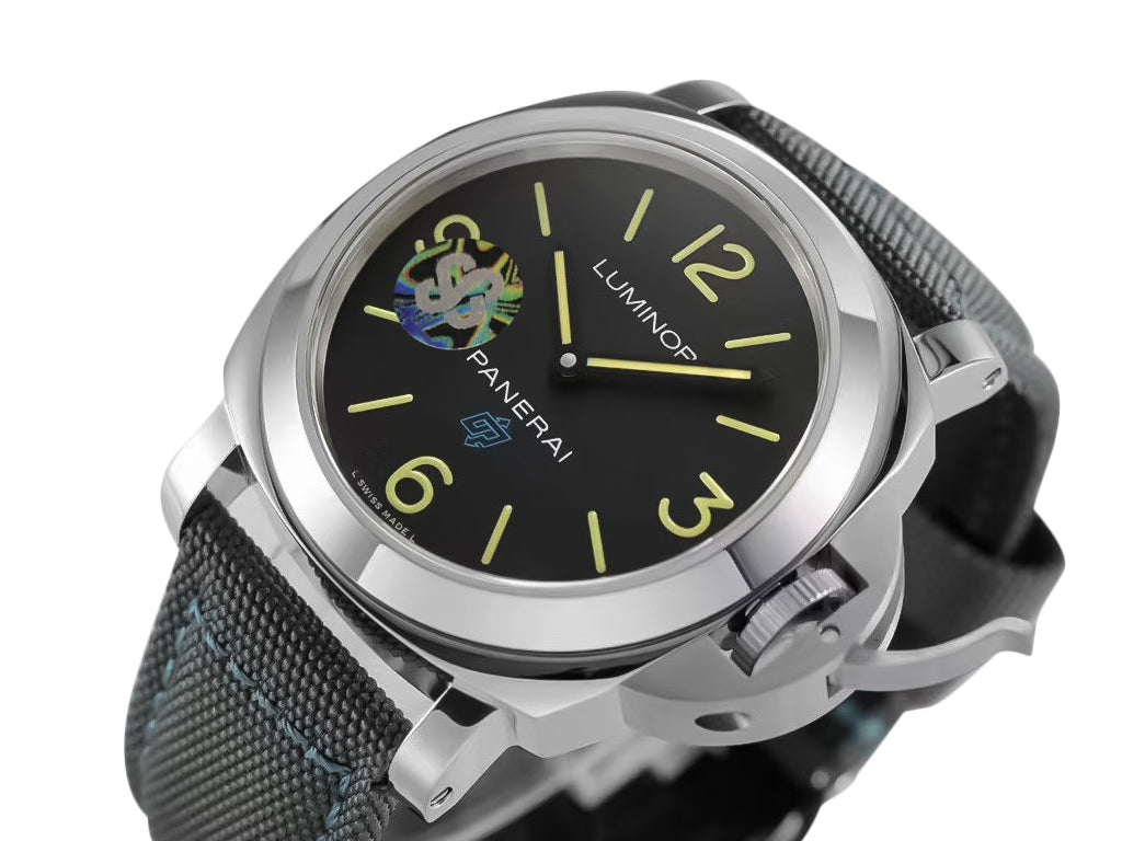 Luminor Base 44 Logo 3 Days Acciaio 'Blue OP' Stainless Steel Bettarini-style Case with Black Dial and Dark Grey Strap with Blue Stitching (44mm)