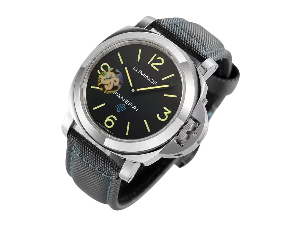Luminor Base 44 Logo 3 Days Acciaio 'Blue OP' Stainless Steel Bettarini-style Case with Black Dial and Dark Grey Strap with Blue Stitching (44mm)