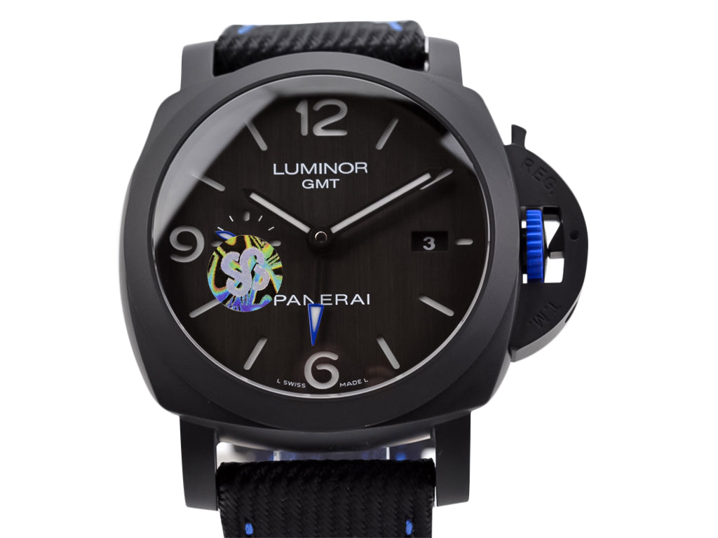 Luminor 1950 44 GMT Automatic 'Bucherer Blue Label Edition' DLC Coated Ceramic Case with Black Dial and Blue Accented Hands and Crown (44mm)