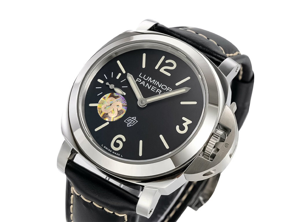 Luminor 44 Logo 3 Days Polished Stainless Steel Case with Black Dial and Black Strap (44mm)