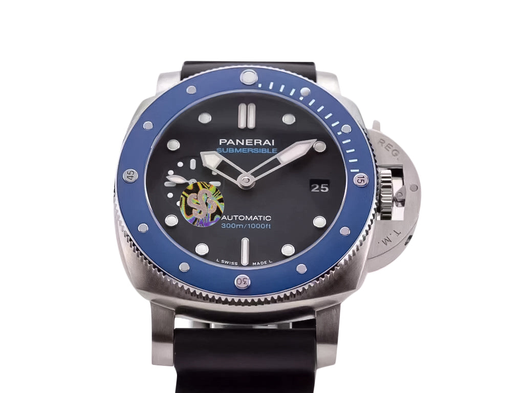 Luminor Submersible 42 3 Days Automatic 'Azzurro' Stainless Steel Case with Blue Ceramic Bezel insert, Black Dial and Black Strap (42mm)