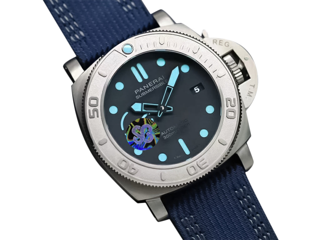 Luminor Submersible 47 'Mike Horn Edition' Titanium Case Featuring a Titanium Bezel Graduated with Raised Numerals, Black Dial and Blue Strap (47mm)
