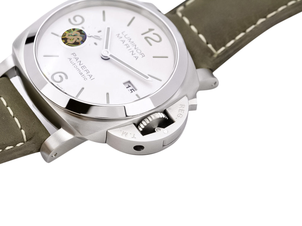 Luminor 1950 44 3 Days Automatic Brushed Stainless Steel Case, Polished Bezel with White Dial and Brown Strap (44mm)