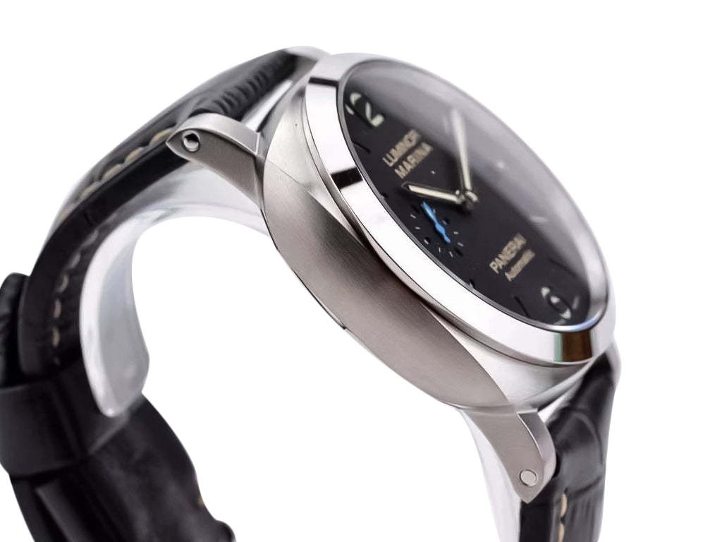 Luminor 1950 44 3 Days Automatic Brushed Stainless Steel Case, Polished Bezel with Black Dial and Black Strap (44mm)