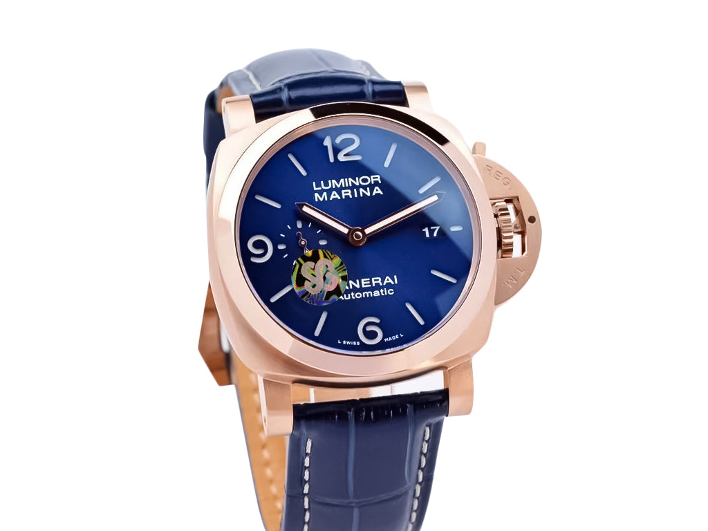 Luminor 1950 44 3 Days Automatic Goldtech Cushion Case with 'Sole Blu' Sunburst Dial and Blue Strap (44mm)