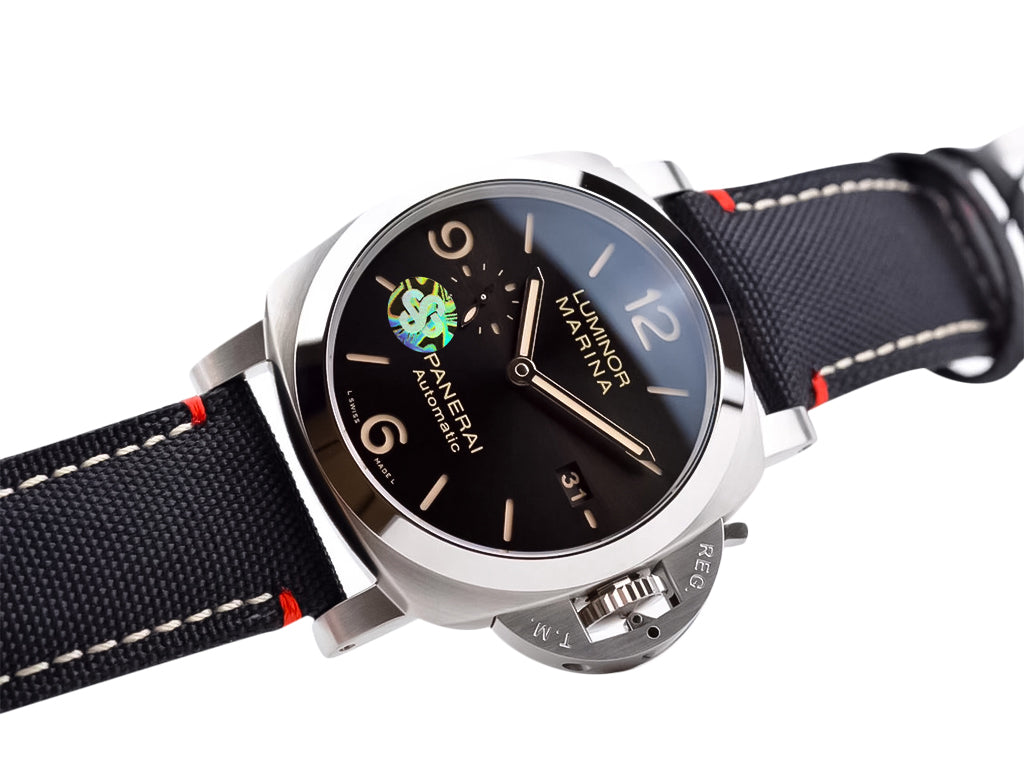Luminor 1950 44 3 Days Automatic 'Roma' Stainless Steel Case with Black Sunburst Dial and Black Strap (44mm)
