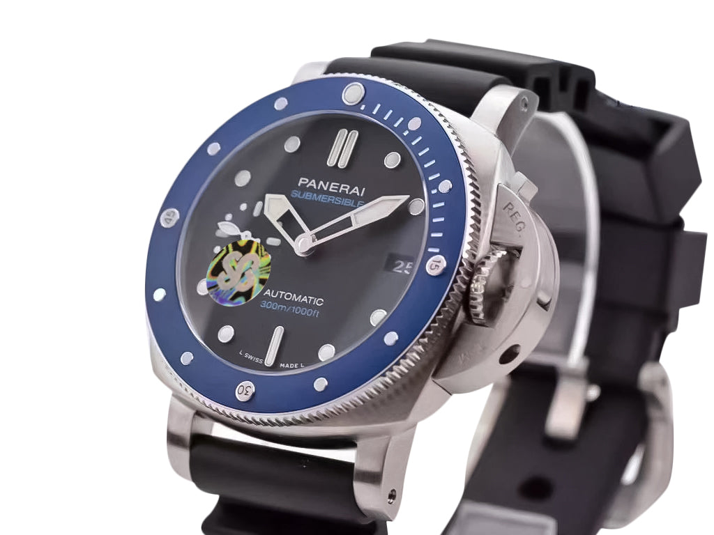 Luminor Submersible 42 3 Days Automatic 'Azzurro' Stainless Steel Case with Blue Ceramic Bezel insert, Black Dial and Black Strap (42mm)