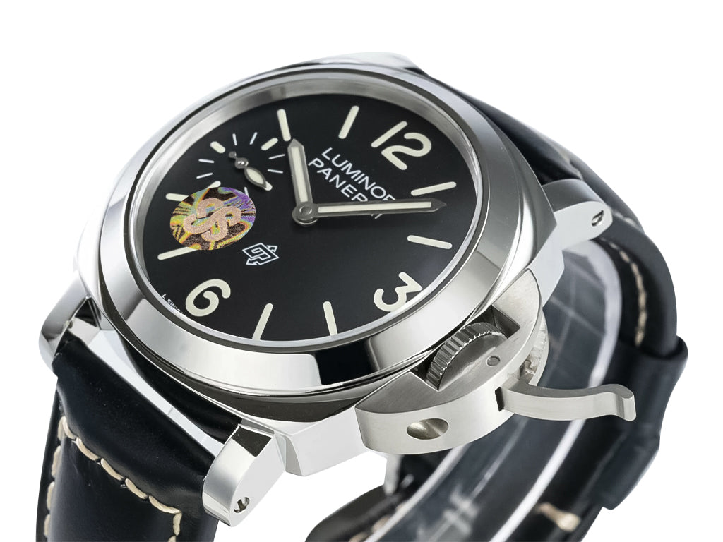 Luminor 44 Logo 3 Days Polished Stainless Steel Case with Black Dial and Black Strap (44mm)