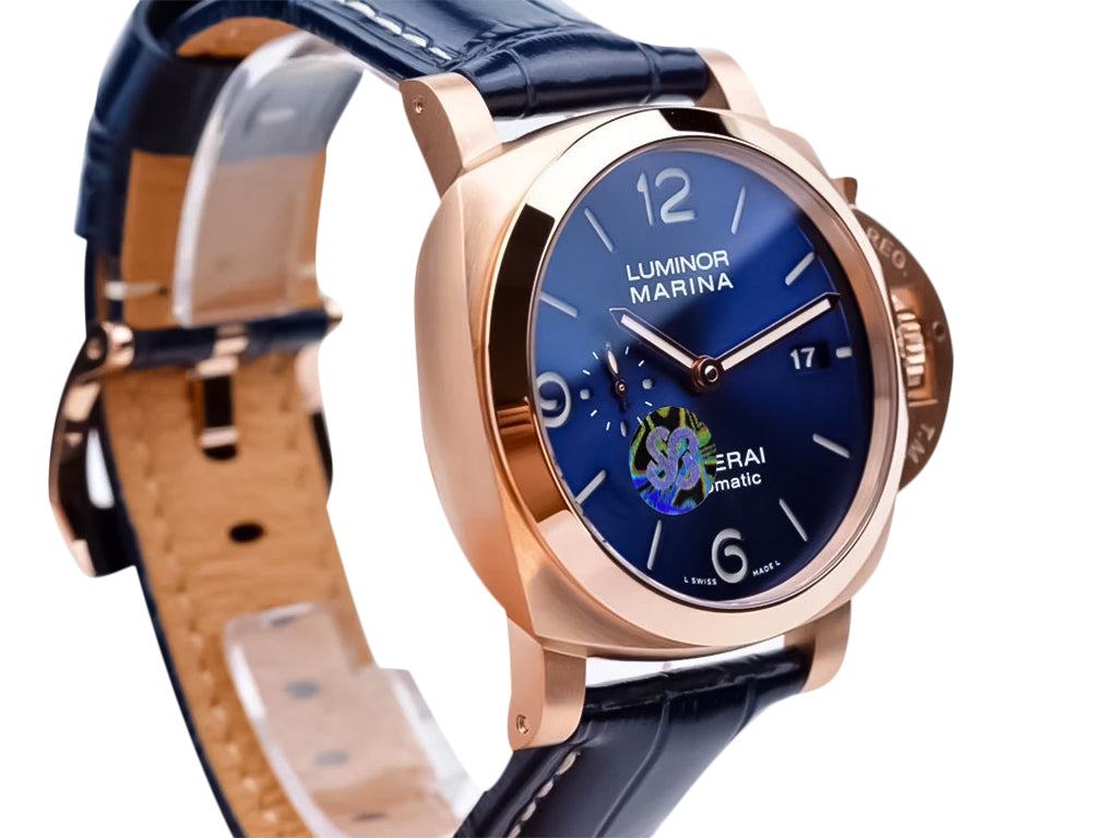Luminor 1950 44 3 Days Automatic Goldtech Cushion Case with 'Sole Blu' Sunburst Dial and Blue Strap (44mm)
