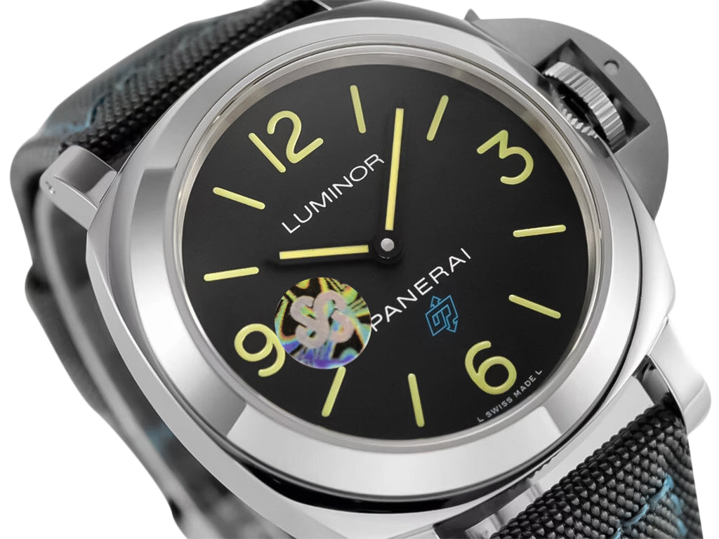 Luminor Base 44 Logo 3 Days Acciaio 'Blue OP' Stainless Steel Bettarini-style Case with Black Dial and Dark Grey Strap with Blue Stitching (44mm)