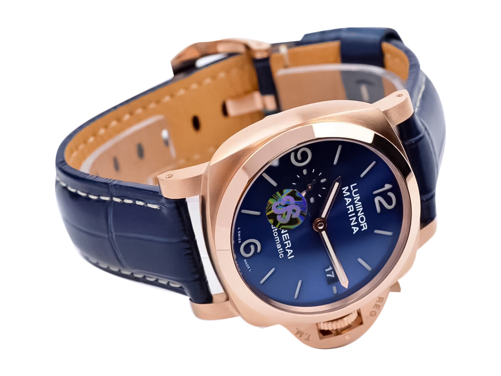 Luminor 1950 44 3 Days Automatic Goldtech Cushion Case with 'Sole Blu' Sunburst Dial and Blue Strap (44mm)
