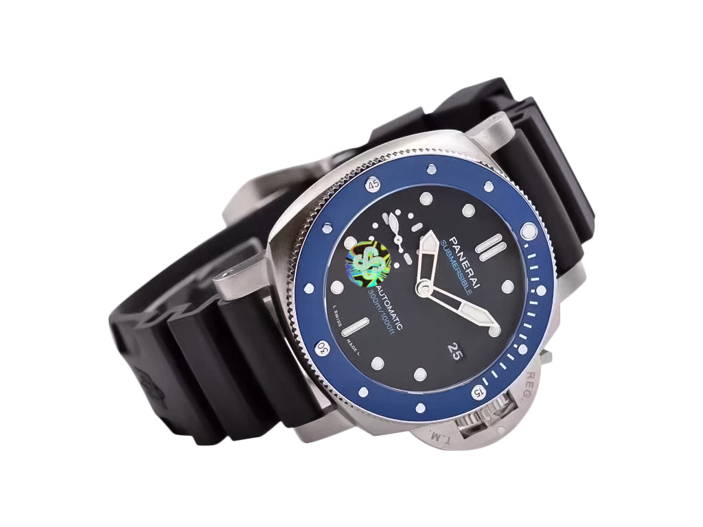 Luminor Submersible 42 3 Days Automatic 'Azzurro' Stainless Steel Case with Blue Ceramic Bezel insert, Black Dial and Black Strap (42mm)