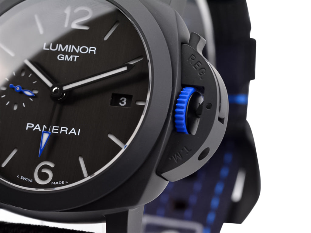 Luminor 1950 44 GMT Automatic 'Bucherer Blue Label Edition' DLC Coated Ceramic Case with Black Dial and Blue Accented Hands and Crown (44mm)