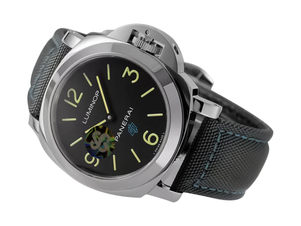 Luminor Base 44 Logo 3 Days Acciaio 'Blue OP' Stainless Steel Bettarini-style Case with Black Dial and Dark Grey Strap with Blue Stitching (44mm)