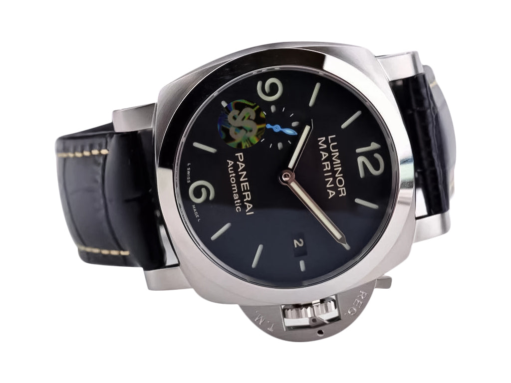 Luminor 1950 44 3 Days Automatic Brushed Stainless Steel Case, Polished Bezel with Black Dial and Black Strap (44mm)
