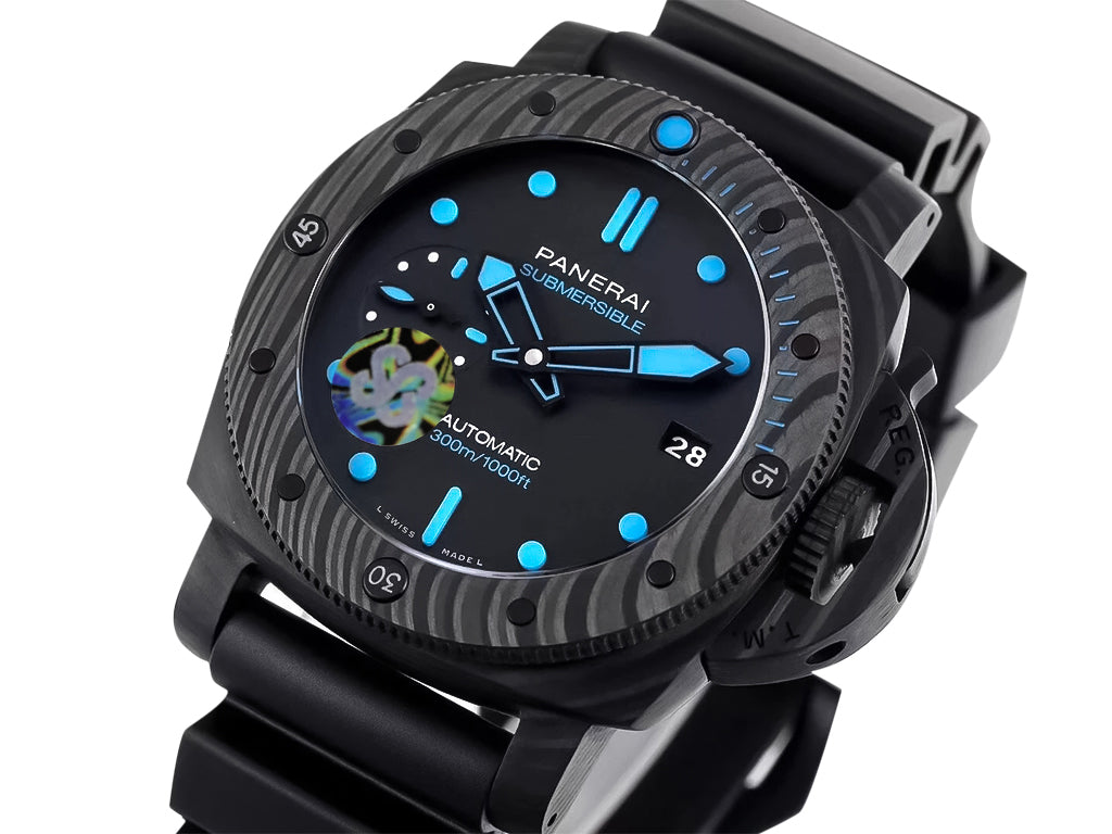 Luminor Submersible 47 3 Days Automatic 'Carbotech' Forged Carbon Case and Bezel, Black Dial with Blue Accents and Black Strap (47mm)