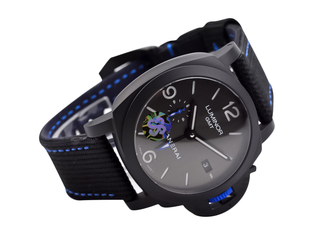Luminor 1950 44 GMT Automatic 'Bucherer Blue Label Edition' DLC Coated Ceramic Case with Black Dial and Blue Accented Hands and Crown (44mm)
