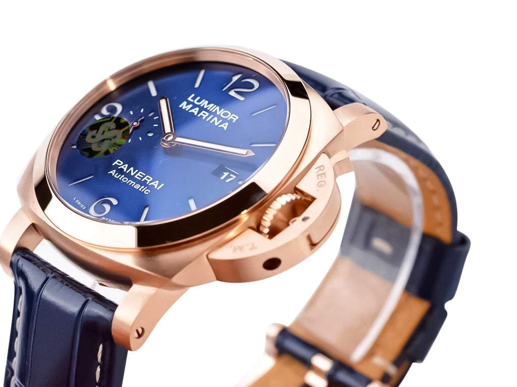 Luminor 1950 44 3 Days Automatic Goldtech Cushion Case with 'Sole Blu' Sunburst Dial and Blue Strap (44mm)