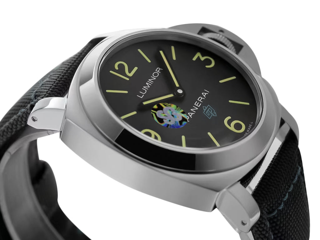 Luminor Base 44 Logo 3 Days Acciaio 'Blue OP' Stainless Steel Bettarini-style Case with Black Dial and Dark Grey Strap with Blue Stitching (44mm)
