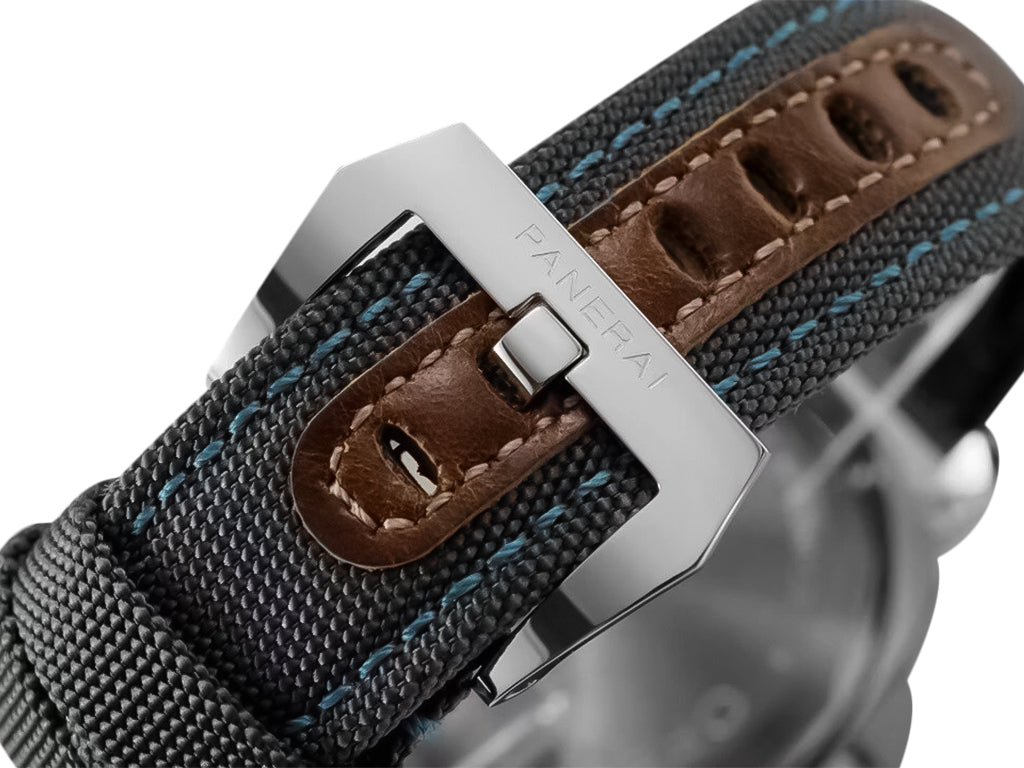 Luminor Base 44 Logo 3 Days Acciaio 'Blue OP' Stainless Steel Bettarini-style Case with Black Dial and Dark Grey Strap with Blue Stitching (44mm)