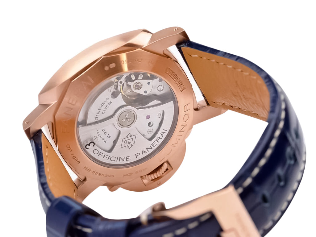 Luminor 1950 44 3 Days Automatic Goldtech Cushion Case with 'Sole Blu' Sunburst Dial and Blue Strap (44mm)