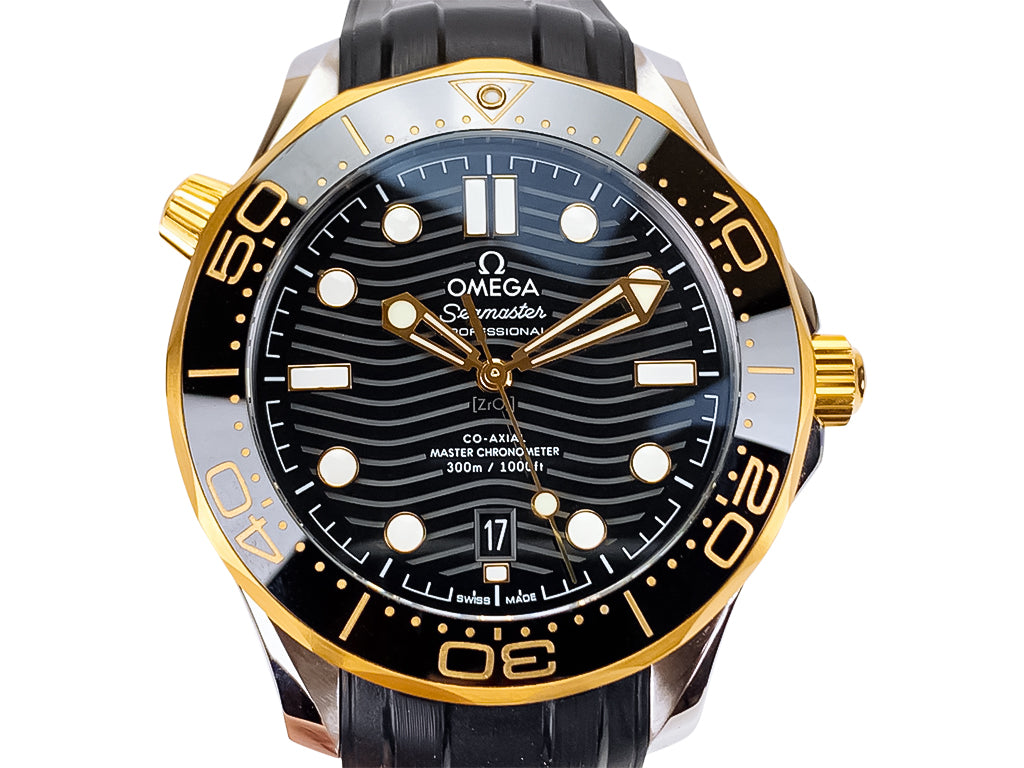 Seamaster Diver 300 Stainless Steel with Black Dial and Gold Bezel on Rubber Strap (42mm)