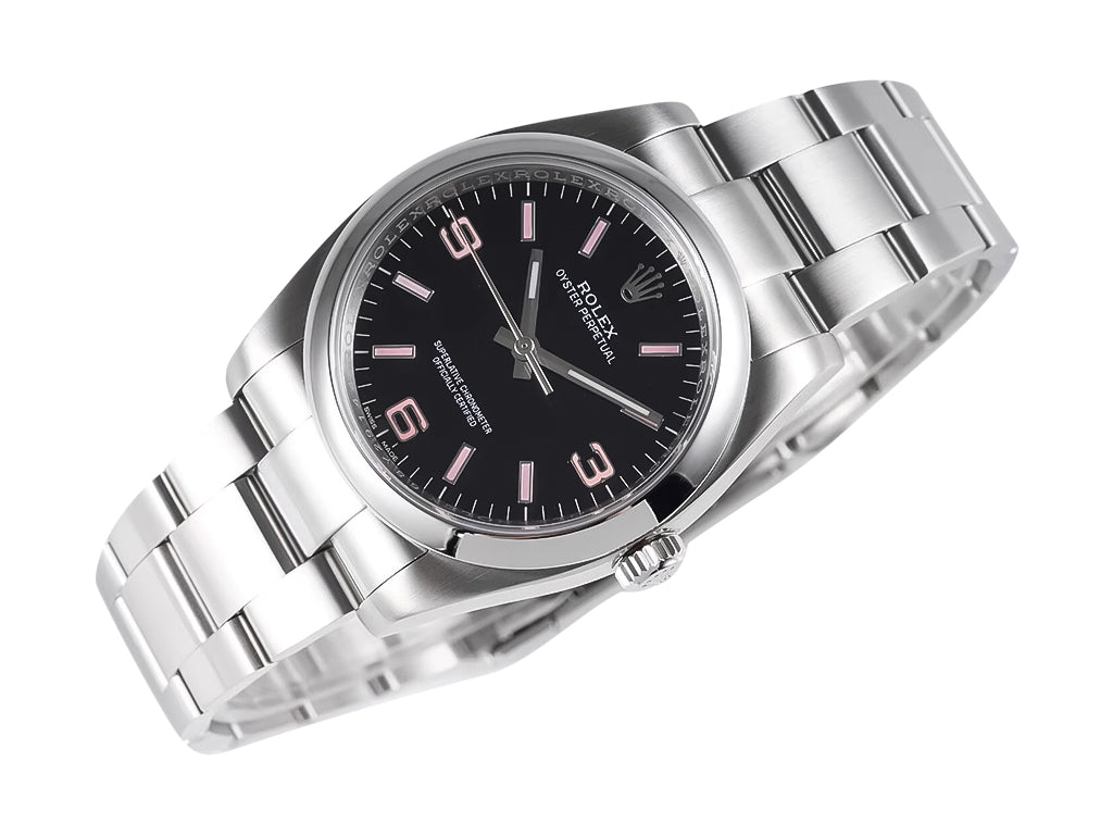 Oyster Perpetual 36 Stainless Steel with Black Dial and Pink Indices (Arabic numerals)