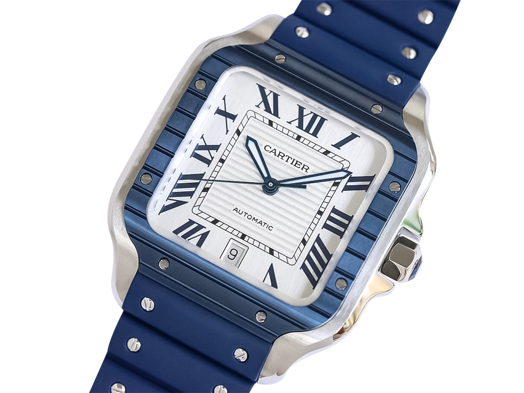 Santos Large Stainless Steel with White Dial and Blue Bezel (Rubber Strap) (40mm)