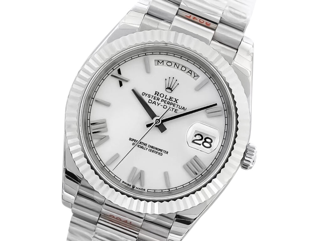 Day-Date 40 White Gold 'President' with White Dial (Roman Numerals) and Fluted Bezel