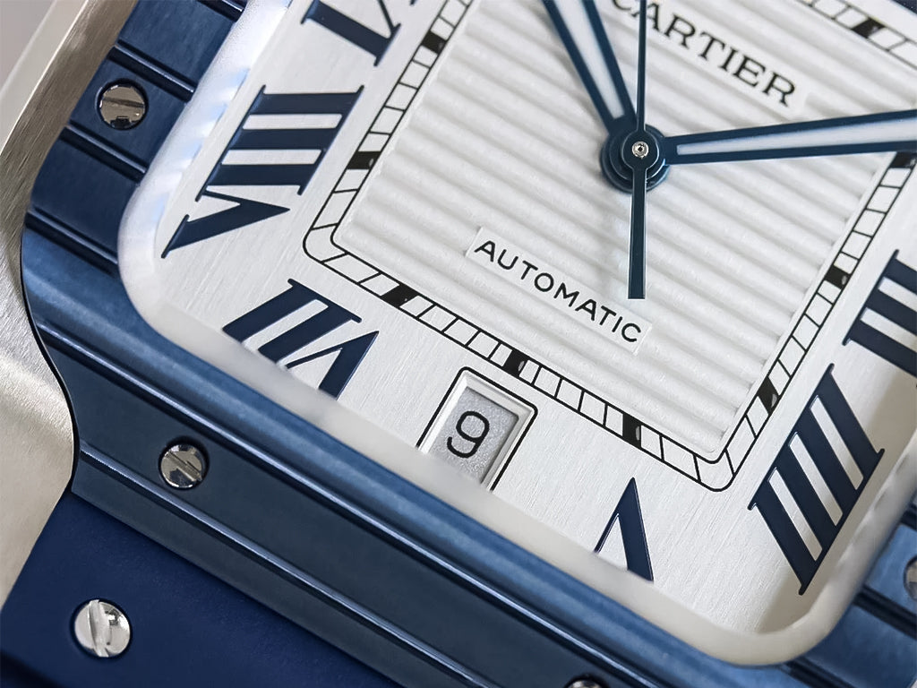 Santos Large Stainless Steel with White Dial and Blue Bezel (Rubber Strap) (40mm)