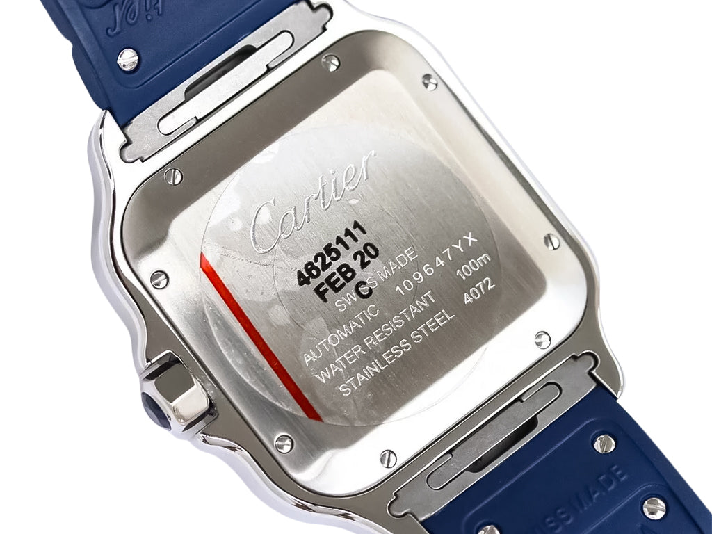 Santos Large Stainless Steel with White Dial and Blue Bezel (Rubber Strap) (40mm)