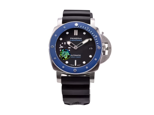 Luminor Submersible 42 3 Days Automatic 'Azzurro' Stainless Steel Case with Blue Ceramic Bezel insert, Black Dial and Black Strap (42mm)