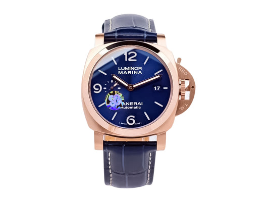 Luminor 1950 44 3 Days Automatic Goldtech Cushion Case with 'Sole Blu' Sunburst Dial and Blue Strap (44mm)