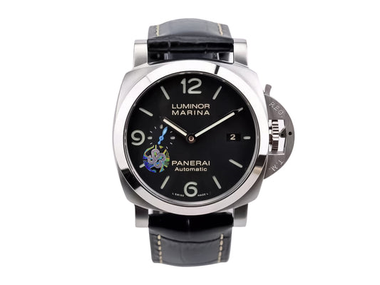 Luminor 1950 44 3 Days Automatic Brushed Stainless Steel Case, Polished Bezel with Black Dial and Black Strap (44mm)