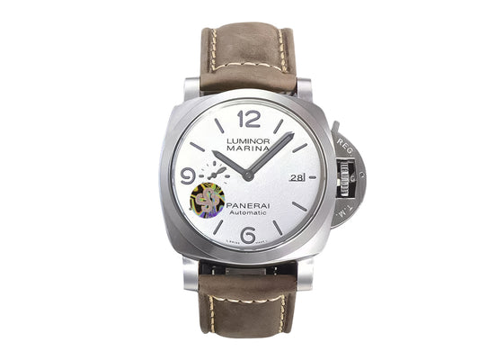 Luminor 1950 44 3 Days Automatic Brushed Stainless Steel Case, Polished Bezel with White Dial and Brown Strap (44mm)