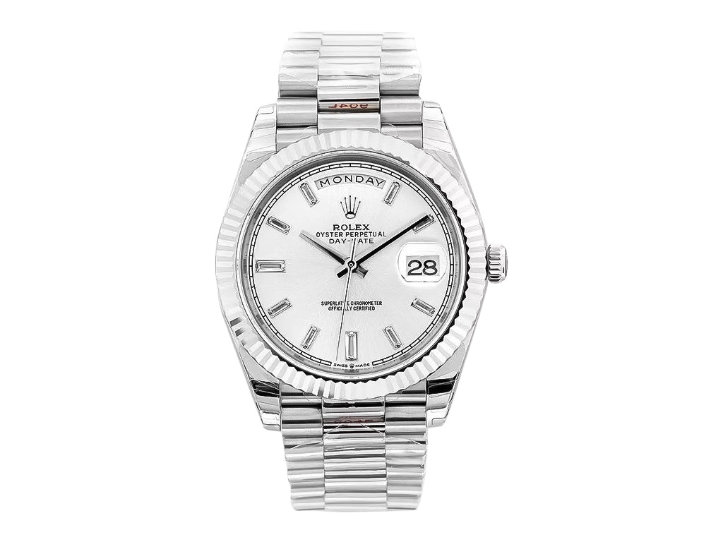 Day-Date 40 White Gold 'President' with Silver Diamond Dial and Fluted Bezel