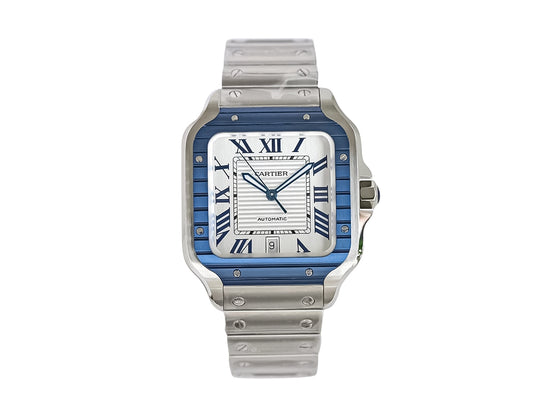 Santos Large Stainless Steel with White Dial and Blue Bezel (40mm)