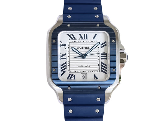 Santos Large Stainless Steel with White Dial and Blue Bezel (Rubber Strap) (40mm)