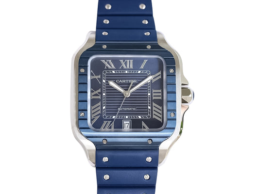 Santos Large Stainless Steel with Blue Dial and Blue Bezel (Rubber Strap) (40mm)